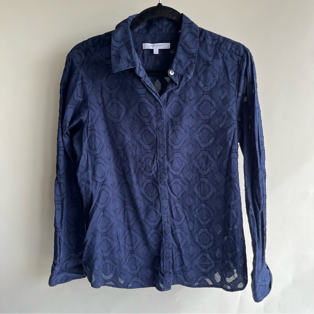 Foxcroft NYC Button Up Shirt Navy Blue Sz 14 Women’s Long Sleeve EUC Semi-sheer